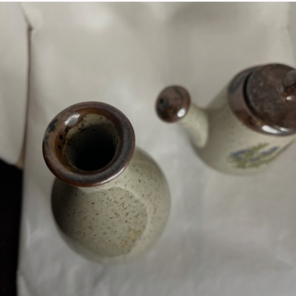 Vintage Takahashi Stoneware Gray Speckled 3 Pc Set with Blue Flowers Japan RARE - Picture 3 of 10